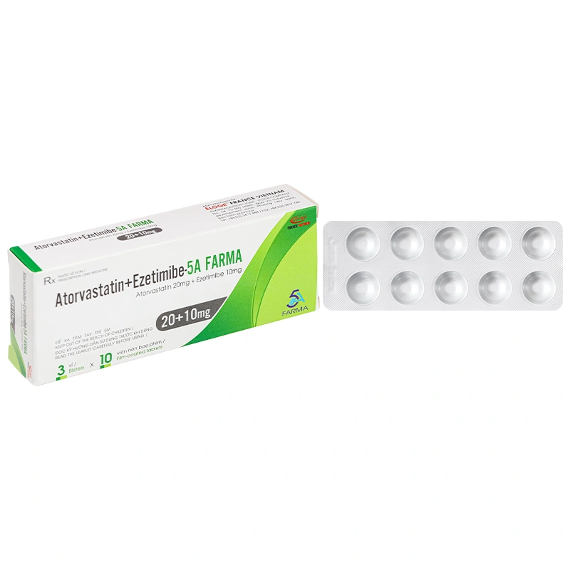 Atorvastatin+Ezetimibe 5A Farma 20+10mg phòng ngừa biến cố tim mạch